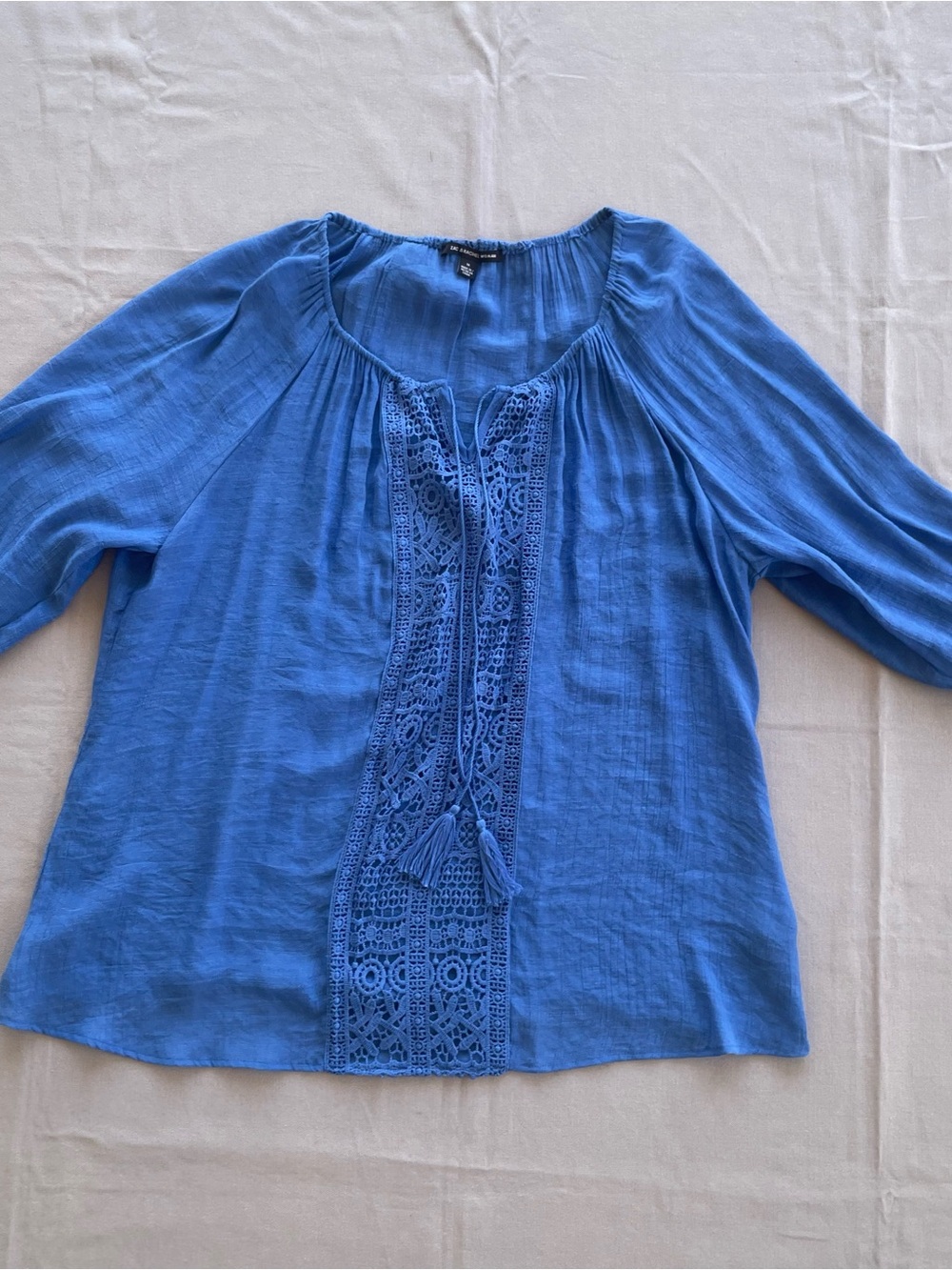 Coastal Boho Zac & Rachel Blue Crochet Lace Peasant Blouse Tassel Tie Top XL